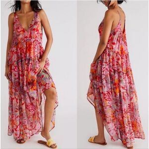 Free People Julianna Maxi Dress Ruffled Tiers V Neck Floral Print Cherry Small